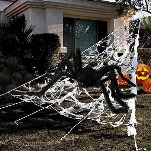 Halloween Decorations - 295" Halloween Spider Web Decorations Outdoor + 59" Giant Fake Spider with Triangular Huge Spiders Web - Scary Decor Clearance for Yard, Patio, Garden, Haunted House Décor - Image 1