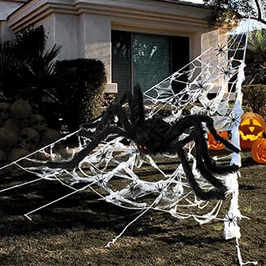 Halloween Decorations - 295" Halloween Spider Web Decorations Outdoor + 59" Giant Fake Spider with Triangular Huge Spiders Web - Scary Decor Clearance for Yard, Patio, Garden, Haunted House Décor - Image 1