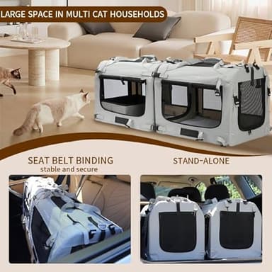 Petseek Extra Large Cat Carrier Soft Sided, Portable Small Dog Carrier for 2 Cats, 24"x16.5"x16" Car Travel Folding Comfortable Design with Litter Box and Bowls, Grey-2+ Litter Box+ Bowl*2 - Image 6