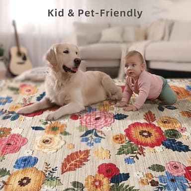 Washable Area Rugs for Living Room: 6x9 Area Rug for Bedroom Vintage Floral Large Rug Stain Resistant Non Slip Low Pile Faux Wool Soft Rugs for Entryway Dining Room Bedside Kitchen Nursery - Image 3