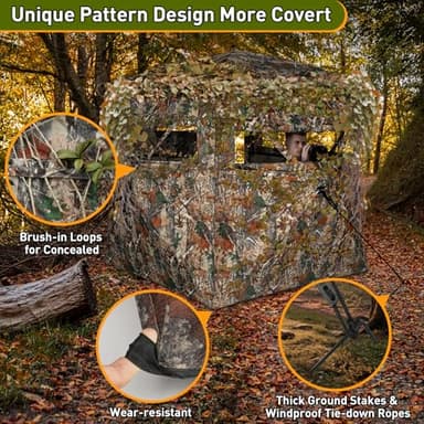 Hunting Blind with Carrying Bag, 360 Degree See Through Ground Blind for 2-3 Person, Pop Up Camouflage Hunting Tent Portable Concealed for Deer and Turkey - Image 7