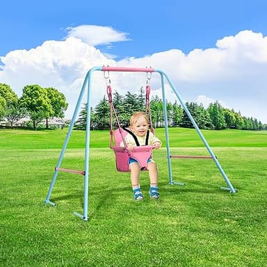 2-in-1 Toddler Swing Set with Metal Stand, Safety Belt & 4 Anchors - A-Frame Swing for Kids 6 Months+ (Pink, Indoor/Outdoor Backyard Playground) - Image 7