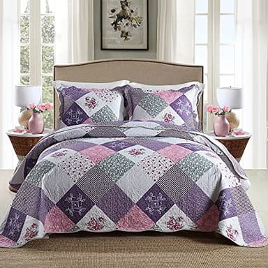 Travan Bedspread Quilt Set 3-Piece Lightweight Coverlet Set with Shams Reversible Quilted Bedding Set for All Season, Purple Floral, Queen Size - Image 1