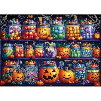 Halloween Candy Jars 1000 Piece Puzzle for Adults Spooky Night Mason Jars Challenging Jigsaw Puzzles for Adults Family Game Night (27"x19") - Image 1