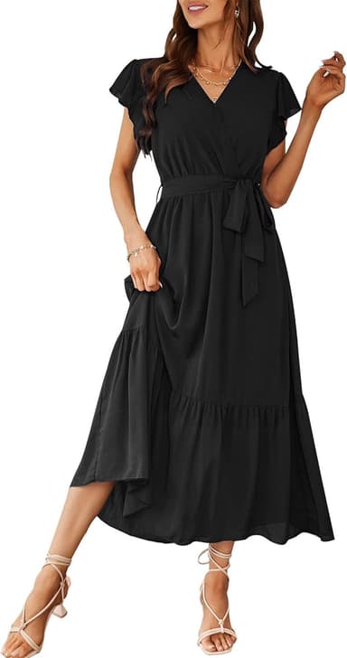 PRETTYGARDEN Women's Summer Floral Boho Maxi Dress Short Sleeve Wrap V Neck Ruffle Long Flowy Beach Wedding Guest Dresses - Image 2