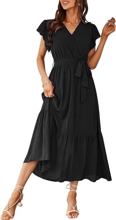 PRETTYGARDEN Women's Summer Floral Boho Maxi Dress Short Sleeve Wrap V Neck Ruffle Long Flowy Beach Wedding Guest Dresses - Image 1