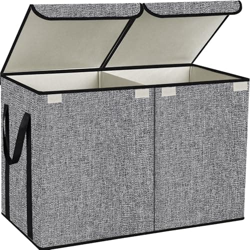 YOLOXO Large Kids Toy Box Chest Storage organizer with Double Flip-Top Lid - Collapsible Sturdy Toy Organizers And Storage Bins With Big Handles For Nursery, Playroom, 26.8"x13.8"x16"(Grey) - Image 1