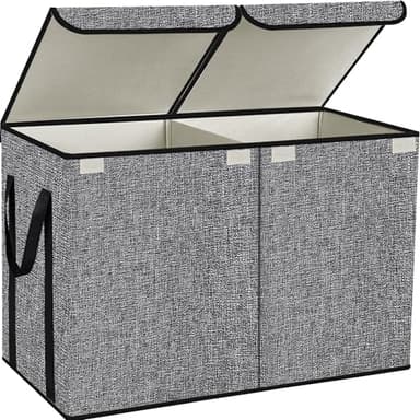 YOLOXO Large Kids Toy Box Chest Storage organizer with Double Flip-Top Lid - Collapsible Sturdy Toy Organizers And Storage Bins With Big Handles For Nursery, Playroom, 26.8"x13.8"x16"(Grey) - Image 1