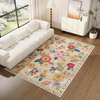 Washable Area Rugs for Living Room: 6x9 Area Rug for Bedroom Vintage Floral Large Rug Stain Resistant Non Slip Low Pile Faux Wool Soft Rugs for Entryway Dining Room Bedside Kitchen Nursery - Image 6