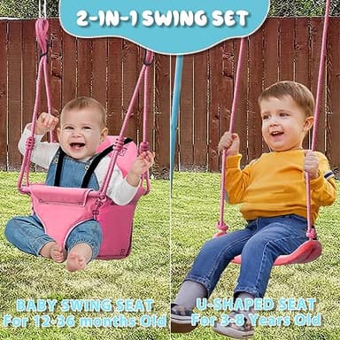 2-in-1 Toddler Swing Set with Metal Stand, Safety Belt & 4 Anchors - A-Frame Swing for Kids 6 Months+ (Pink, Indoor/Outdoor Backyard Playground) - Image 2
