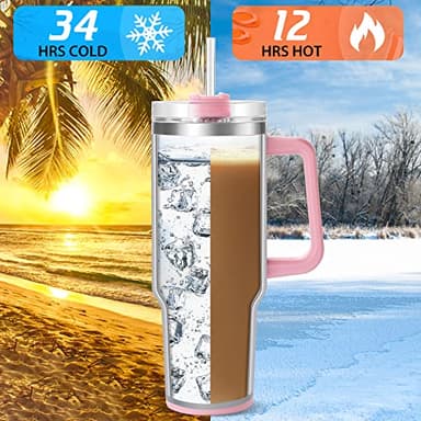 40 oz Tumbler with Handle and Straw, Pink Insulated Travel Mug Iced Coffee Cup, Reusable Stainless Steel Insulated Water Bottle, Keeps Drinks Cold for 34 Hours, Women Christmas Gifts for Mom Grandma - Image 2