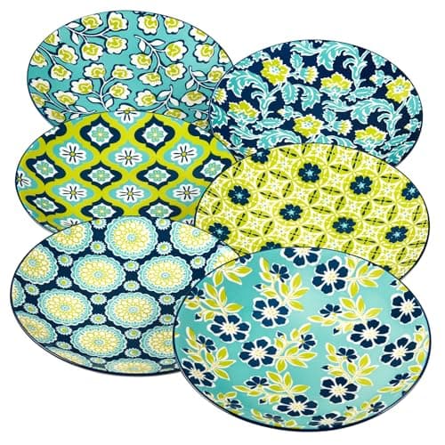 Tapestry 8.5" Porcelain Salad/Dessert Plates, Set of 6 – Vibrant Assorted Floral Patterns in Aqua, Navy & Lime – Everyday Dining or Entertaining Plate Set for Salads, Sides, Snacks & More - Image 1