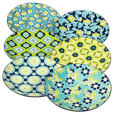 Tapestry 8.5" Porcelain Salad/Dessert Plates, Set of 6 – Vibrant Assorted Floral Patterns in Aqua, Navy & Lime – Everyday Dining or Entertaining Plate Set for Salads, Sides, Snacks & More - Image 1