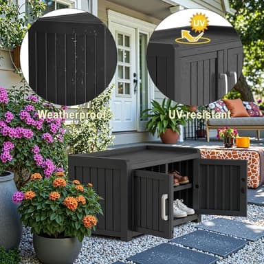 ROJIK Shoe Cabinet Waterproof UV-Resistant,Storage Bench Indoor Outdoor with Adjustable Shelves,for Entryway Bedroom,Hallway,Living Room(Double Door,Black) - Image 5