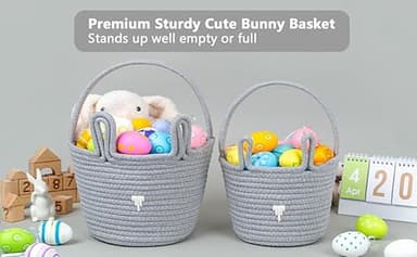 CubesLand Gray Easter Basket for Boys Toddler Kids,Big Cute and Reusable Woven Cotton Rope Empty Gift Bunny Basket with Handle for Easter Egg Hunt, Kids Party Supplies, Easter Decor - Image 6