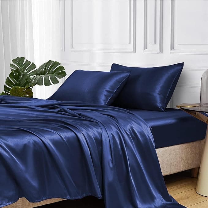 MR&HM Satin Bed Sheets, Queen Size Sheets Set, 4 Pcs Silky Bedding Set with 15 Inches Deep Pocket for Mattress (Queen, Navy Blue - Image 1