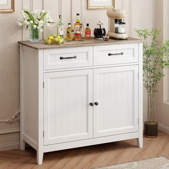 Gizoon Kitchen Sideboard Buffet Cabinet, 32'' H Large Kitchen Storage Island and Adjustable Shelf, Modern Coffee Bar Console Cabinet for Dining Room, Bathroom, Entryway, Grey - Image 1