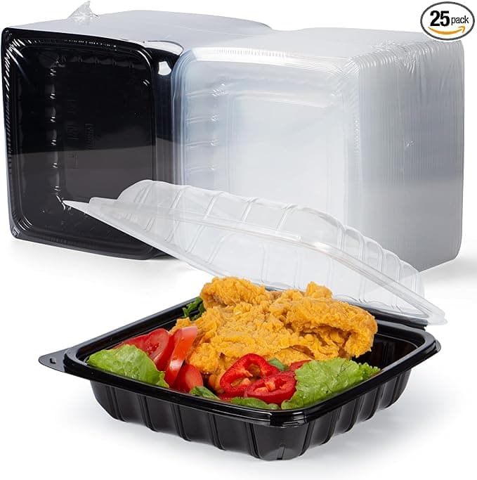 YANGRUI Takeout Containers 8" 34 oz 25 Pack - Steam Resistant Clamshell Lid | Shrink Wrap BPA Free PP Plastic | Reusable Heavy Duty Freezer & Microwave Safe | Restaurant 3 Compartment Food Container - Image 1