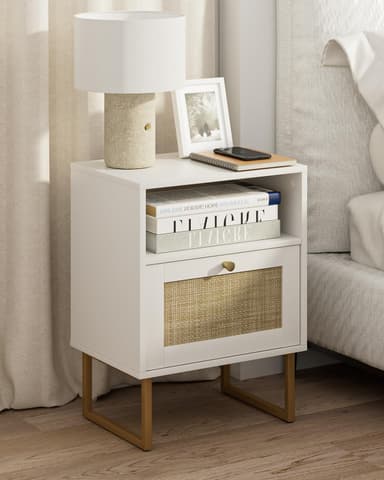 Masupu Rattan Nightstand,Modern Boho Farmhouse Wood Bedside Table with Storage Drawer and Open Shelf,Small Gold Frame Side End Table for Bedroom,Living Room,Office(White - Image 2