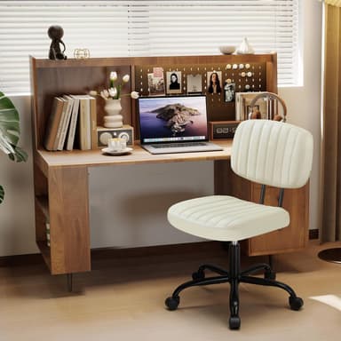 DUMOS Small Armless Home Desk Executive Chair with Low Back Lumbar Support, Height Adjustable PU Leather Computer Office Chair with 360° Swivel Wheels for Kids and Adults, Beige - Image 2