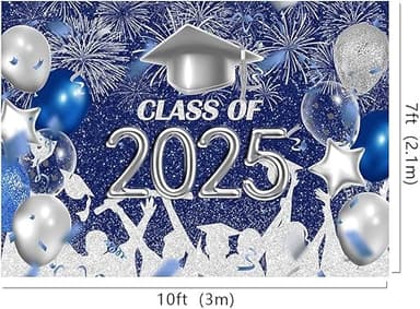 Lofaris Class of 2025 Party Photography Backdrop Royal Blue and Silver Congrats Grad Graduation Caps Background Celebration Graduation Prom Party Decor Banner Photo Booth Props 10x7ft - Image 2