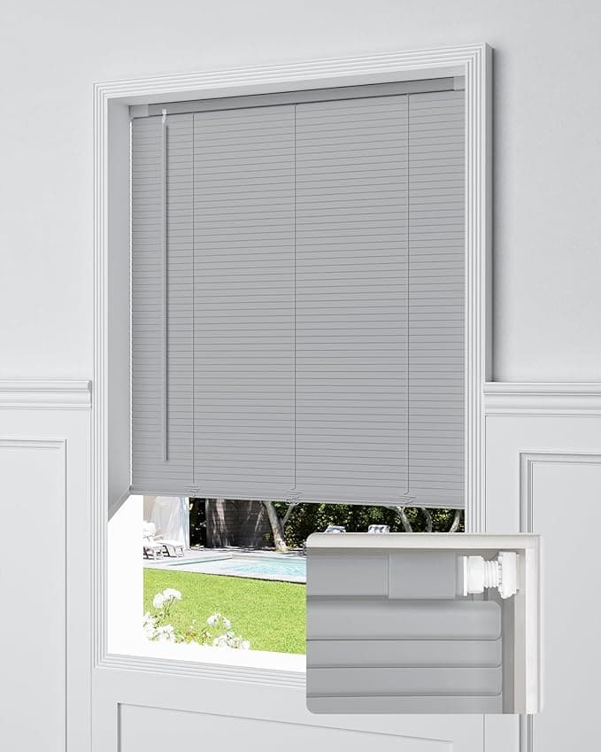 UNISHADES No Drill Blinds for Windows 1" Vinyl L-Shaped Slats Cordless Mini Blinds for Home, for Window Size 47" W × 64" H Grey - Image 1