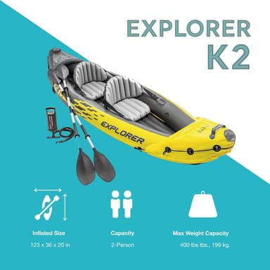 Intex 68307EP Explorer K2 Inflatable Kayak Set: Includes Deluxe 86in Aluminum Oars and High-Output Pump – SuperStrong PVC – Adjustable Seats with Backrest – 2-Person – 400lb Weight Capacity - Image 7