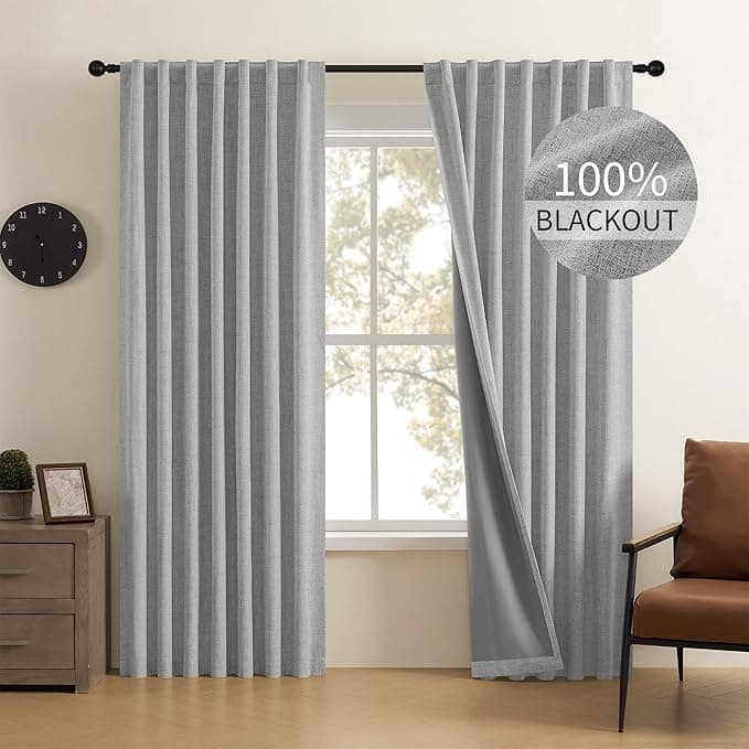 CUCRAF Linen 100% Blackout Curtains 96 Inch Length 2 Panels Set, Back Tab and Rod Pocket Curtain for Living Room Bedroom, Room Darkening Window Drapes Thermal Insulated, (52x96 inch, Light Grey - Image 1