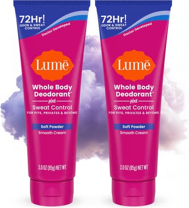 Lume Whole Body Deodorant Plus Sweat Control - Smooth Cream Tube - 72 Hour Odor And Sweat Control - Baking Soda Free, Skin Loving - 3.0 ounce (Pack of 2) (Soft Powder - Image 2