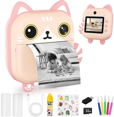 Kids Camera,Instant Print Camera for Kids,Christmas Birthday Gifts for Girls Age 3-12,HD Digital Video Cameras for Toddler,Portable Toy for 3 4 5 6 7 8 9 Year Old Girls with 32GB SD Card-Pink - Image 1