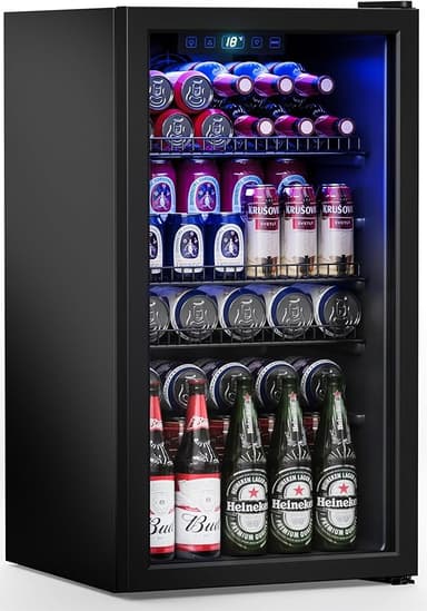 Manastin Beverage Refrigerator Cooler-120 Cans Freestanding Mini Fridge Cooler with Glass Door, Adjustable Shelves & Digital Temperature Display for Soda, Wine or Beer (Black, 3.2 Cu.Ft - Image 1
