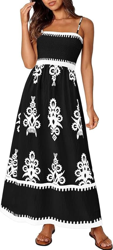 PRETTYGARDEN Summer Dress for Women 2025 Floral Sundress Spaghetti Strap Flowy Beach Vacation Boho Maxi Dresses (Black White Floral,Large) - Image 1