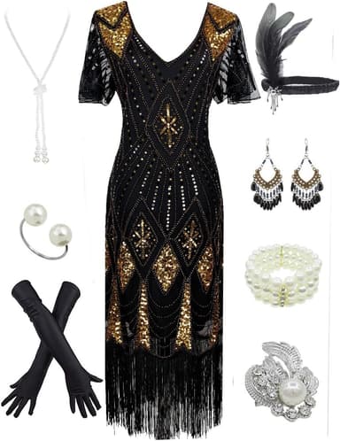 Women's 1920s Gatsby Inspired Sequin Beads Long Fringe Flapper Dress w/Accessories Set - Image 2