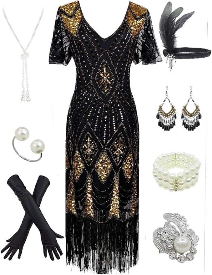 Women's 1920s Gatsby Inspired Sequin Beads Long Fringe Flapper Dress w/Accessories Set - Image 1