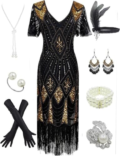 Women's 1920s Gatsby Inspired Sequin Beads Long Fringe Flapper Dress w/Accessories Set - Image 1