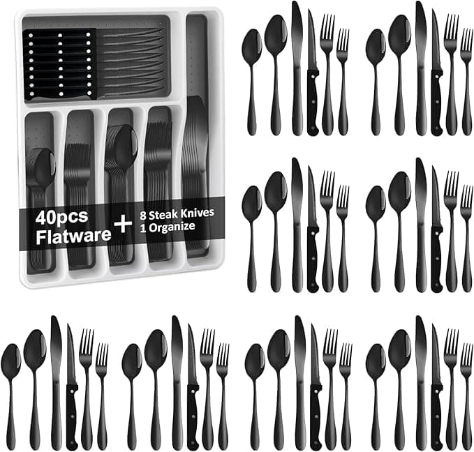 49Pcs Silverware Set with Organizer, Silver Stainless Steel Flatware Set for 8 Cutlery Utensil Sets with Steak Knives, Spoons and Forks Set, Dishwasher Safe - Image 1