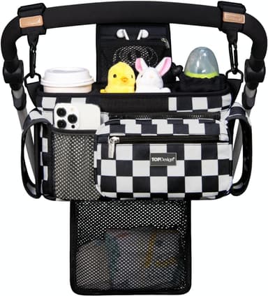 TOPDesign Universal Baby Stroller Organizer, Stroller Caddy with Detachable Mesh Bag & Heightened Insulated Cup Holders & Non-Slip Secure Hooks Accessories, Fits Most Strollers (Checkerboard - Image 2