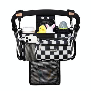 TOPDesign Universal Baby Stroller Organizer, Stroller Caddy with Detachable Mesh Bag & Heightened Insulated Cup Holders & Non-Slip Secure Hooks Accessories, Fits Most Strollers (Checkerboard - Image 1