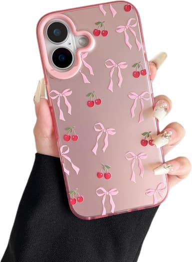 ZTOFERA for iPhone 16 Plus Case,Cute Pink Ribbon Bow Tie Planet Star Floral Aesthetic Phone Case,Trendy Slim Hard IMD Shockproof Protective Bumper Phone Cover for Women Girls,Cherry - Image 2
