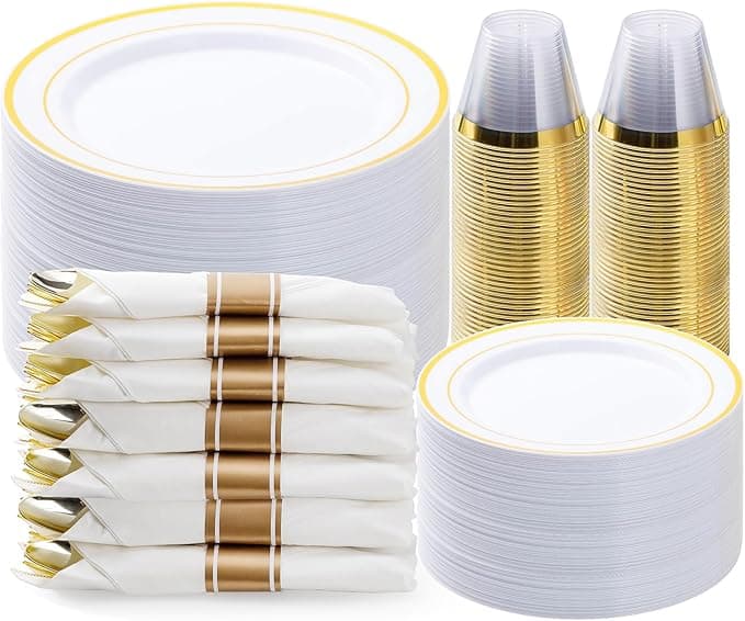 350PCS Gold Plastic Dinnerware Set, Disposable Party Plates for 50 Guests, Include: 100 Plastic Plates, 50 Pre Rolled Napkins with Gold Silverware, 50 Cups - Image 1