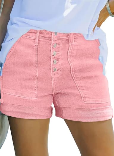 Sidefeel Womens Jean Shorts Summer High Waisted Stretchy Buttoned Folded Hem Denim Shorts Pink Size 16 - Image 1