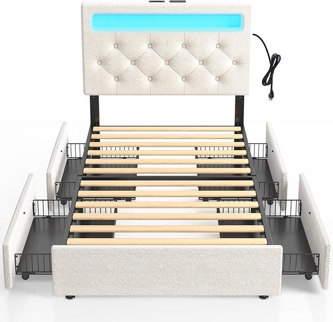 Rolanstar Twin Bed Frame with 4 Storage Drawers and Charging Station,Twin Bed with Led Lights, 2 USB & 1 Type C, Adjustable Headboard 38.9/40.8 Inches, No Box Spring Needed, White - Image 1
