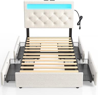 Rolanstar Twin Bed Frame with 4 Storage Drawers and Charging Station,Twin Bed with Led Lights, 2 USB & 1 Type C, Adjustable Headboard 38.9/40.8 Inches, No Box Spring Needed, White - Image 1