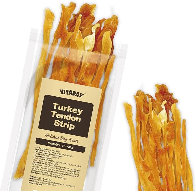 VITADAY Turkey Tendons for Dogs, All Natural, Healthy Dog Treats, Long Lasting, Hypoallergenic Dog Chews, Rawhide Free, USA-Sourced, for Small Dogs, Strips, 3 oz Pack - Image 1