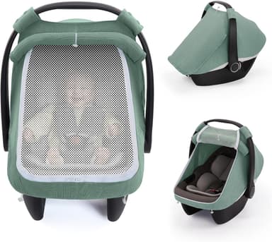 Blissful Diary Baby Car Seat Cover, Extra Large Mesh Window, Breathable Muslin Cotton, Infant Windproof Canopy, Must-Have Baby Gift - Roman Green - Image 2