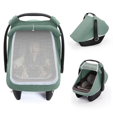 Blissful Diary Baby Car Seat Cover, Extra Large Mesh Window, Breathable Muslin Cotton, Infant Windproof Canopy, Must-Have Baby Gift - Roman Green - Image 1