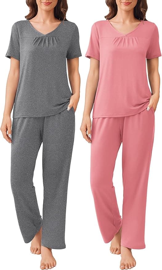 Ekouaer Pajama Sets for Women 2 Pack, Short Sleeve with Long Pant Pjs Sleepwear Comfy Lounge Sets with Pockets - Image 1
