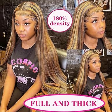 Cypha Ombre Lace Front Wig Human Hair 28inch 13x6 Straight Highlight Wig Human Hair 180% Density 4/27 Colored Honey Blonde HD Lace Frontal Wigs For Women Glueless Pre Plucked with Baby Hair - Image 4