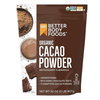 BetterBody Foods Organic Cacao Powder, Unsweetened, Rich Chocolate Flavor, Non-GMO, Gluten-Free, 32 Ounce, 2 lb bag - Image 1