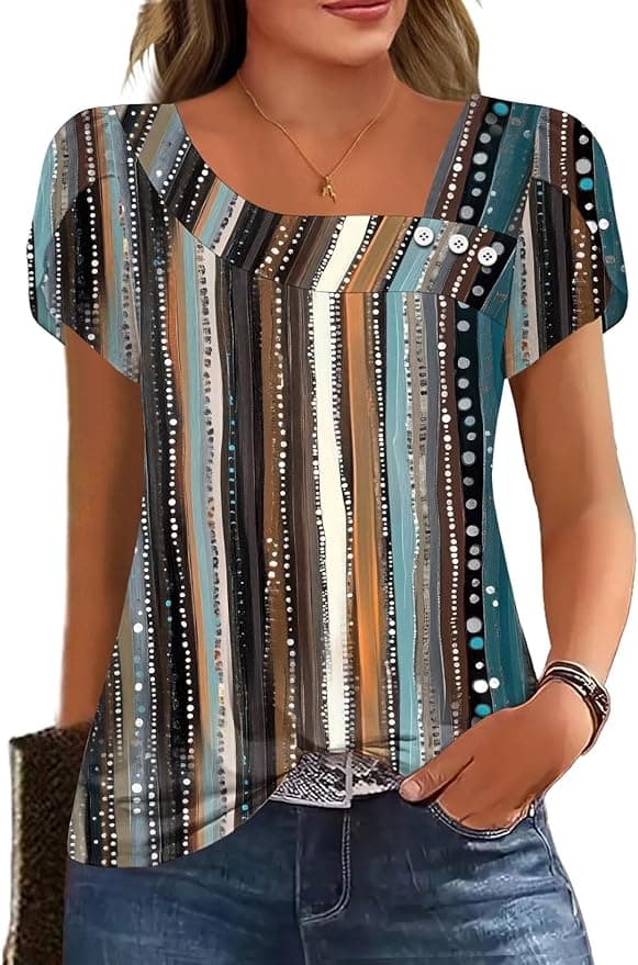 Womens Petal Sleeve Tops Summer Trendy T Shirt Casual Loose Square Neck Button Blouse Tees - Image 1